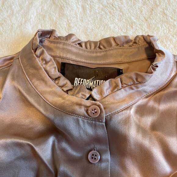 Reformation 100% Silk Blouse Blush Pink Button Up Ruffled Collar & Sleeves Small - Picture 2 of 7